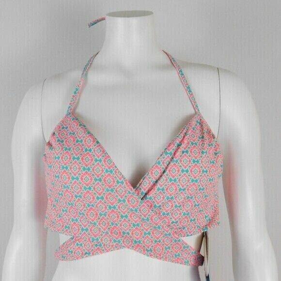 Coco Rave Simone Pink Blue Wrap Geo Halter Bikini Top Bathing Swim Suit Sz 36C - Picture 3 of 4